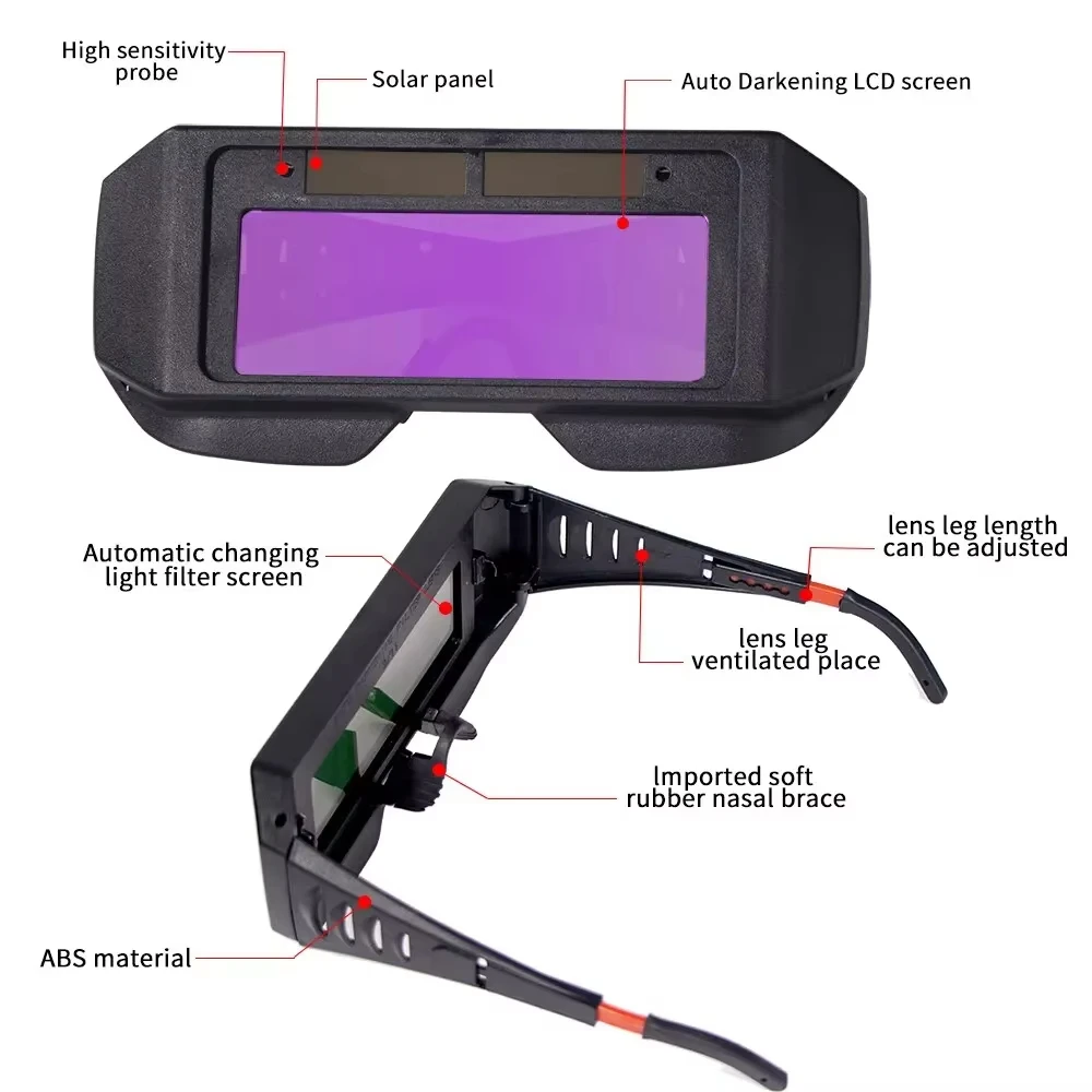 Solar Powered Auto Darkening Welding Goggles LCD Welder Glasses for TIG MIG MMA Plasma Welding Equipped with Elastic Headband