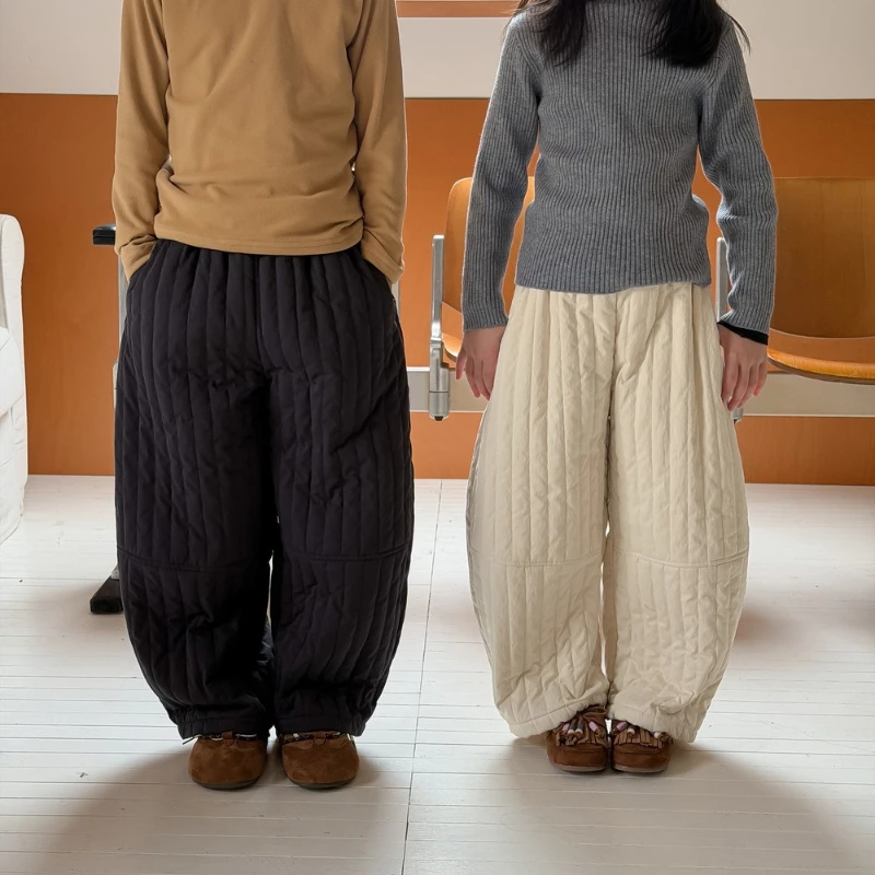 

2025 Winter Children's Solid Color Vertical Striped Cotton Thickened Curved Knife Casual Warm Pants