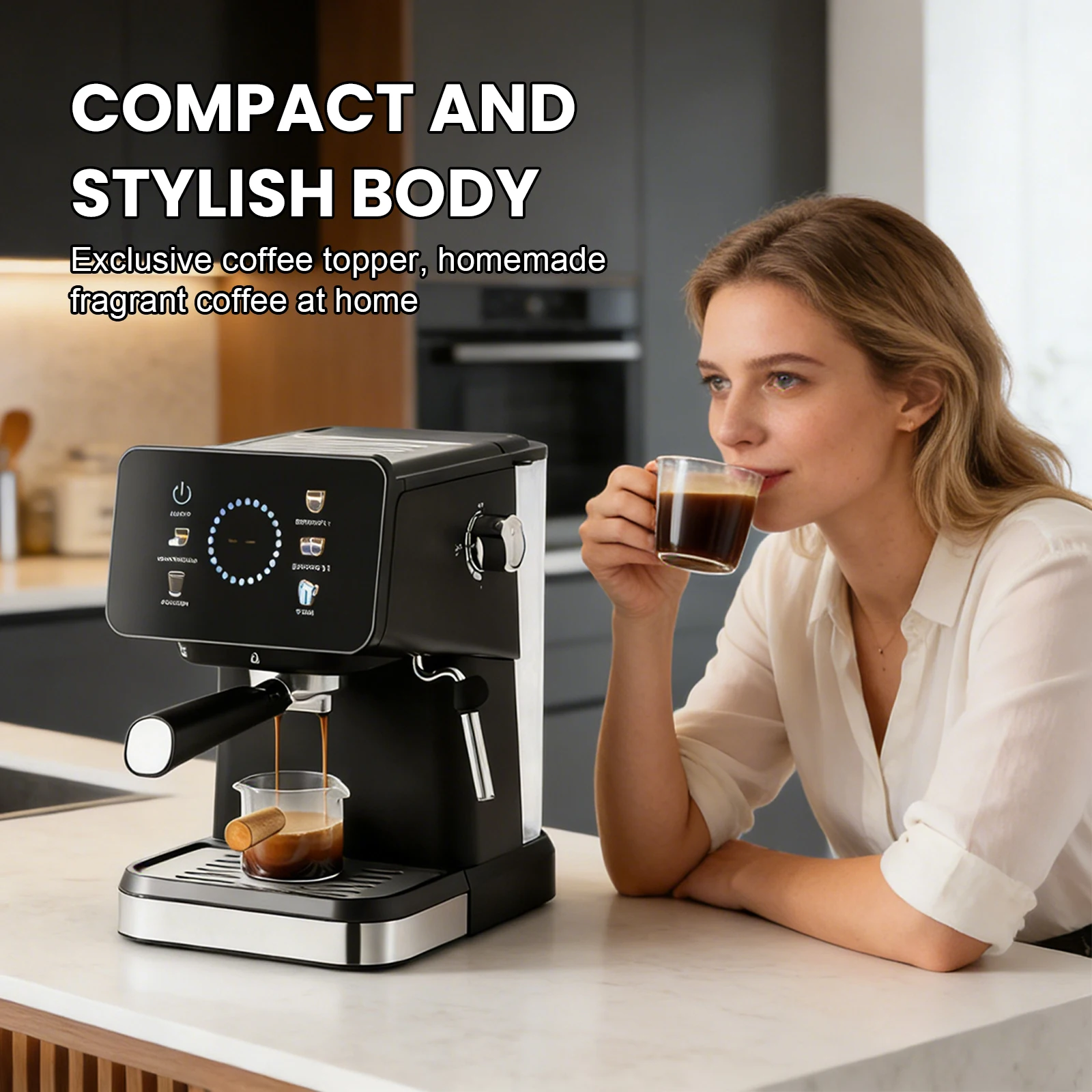 20 Bar Espressomaschine mit Touchscreen, Kaltbrüh- & Heißextraktion, Dampfdüse, Einzel-/Doppelportion, Kompaktes Design, Schwarz