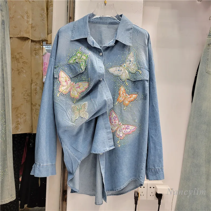 European Style Heavy Embroidery Hot Drilling Denim Shirt Women's Slim Butterfly All-Matching Embroidered Lapel Loose Street Top