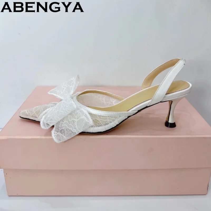New Mesh Kitten Heels Sandals Women Lace Butterfly-knot Party Dress Shoes Woman Ankle Buckle Strap Heel Summer Sandals Woman