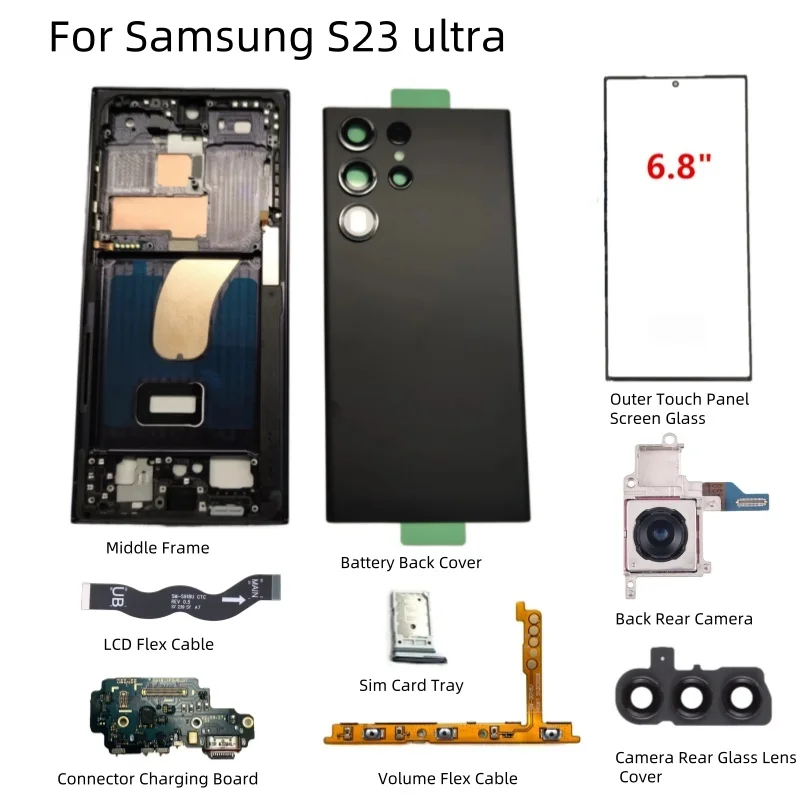 

for Samsung Galaxy S23 ultra middle frame battery cover Charge Port Flex Cable Back Rear Camera Module Glass Lens Outer Screen