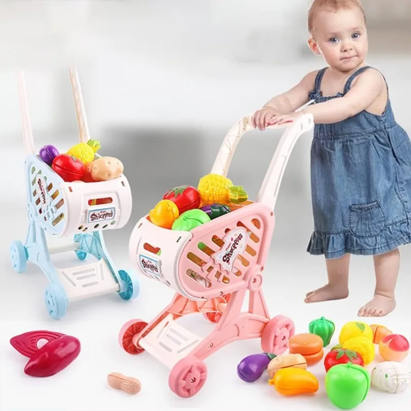 Kids Shopping Cart Trolley Play Set with Pretend Play Food Fruit Vegetables Supermarket Shopping Cart Toy for Boys Girls Pink