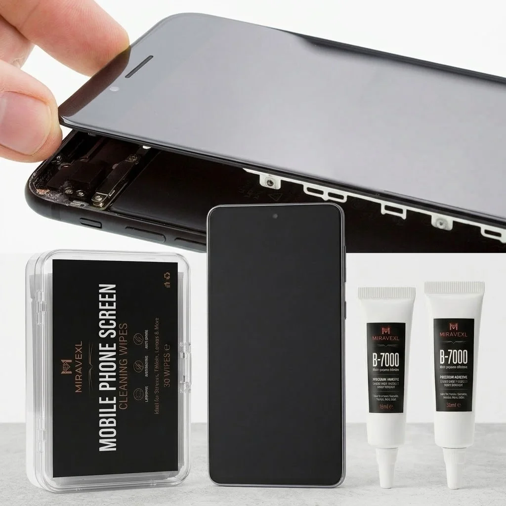 Phone Screen Disassembly Repair Kit 15ml 25ml B-7000 Adhesive Glue 30 Pcs Streak-Free Anti-Static Cleaning Wipes Set