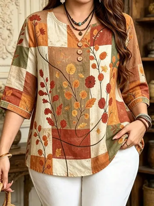 Vintage Patchwork Autumn Floral Leaf Print Women Blouse 3/4 Sleeve Notch V Neck Decor Button Daily Shirts