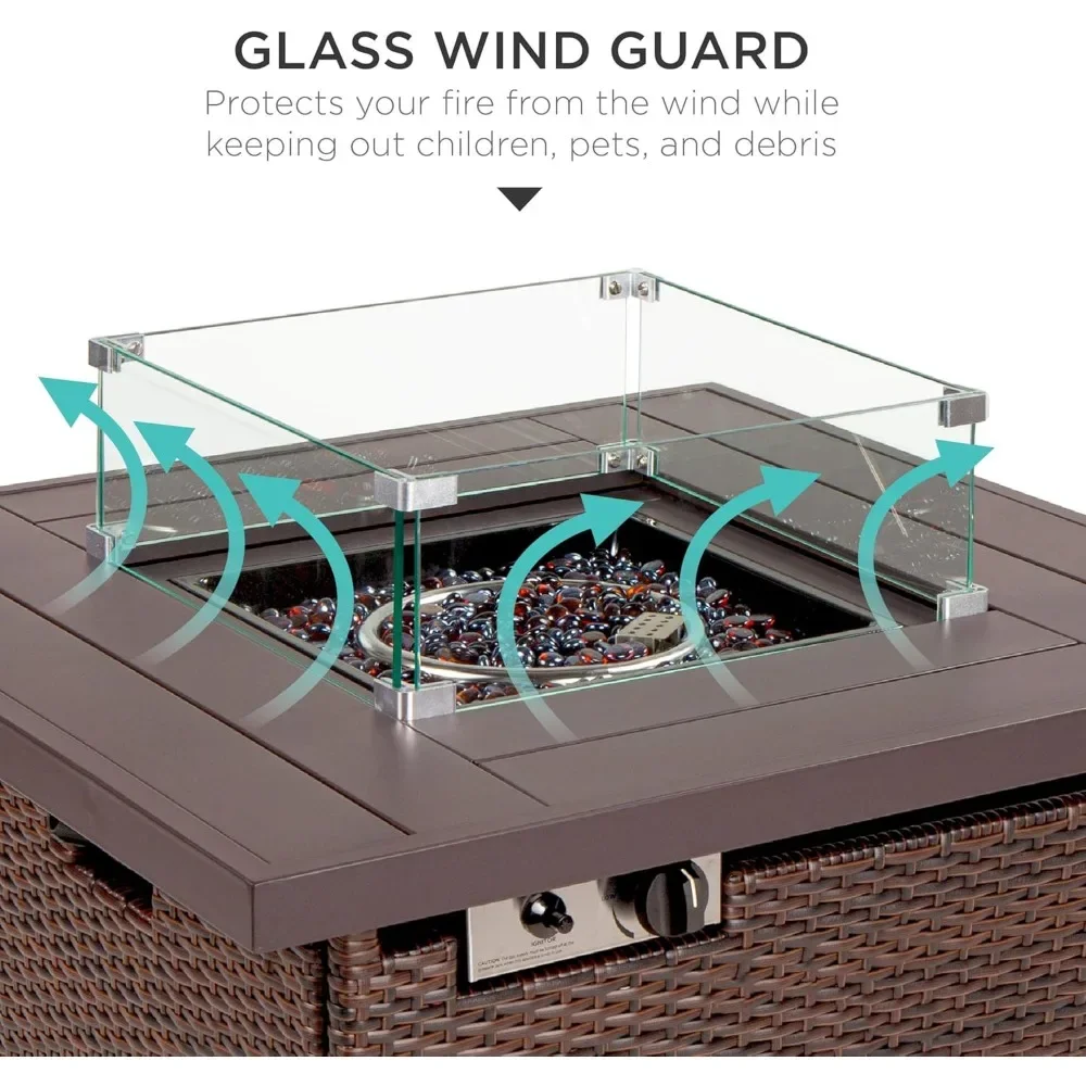 32in Fire Pit Table, 50,000 BTU หวายกลางแจ้ง Patio โพรเพนแก๊ส w/Glass Wind Guard, โต๊ะอลูมิเนียม, หินแก้ว, Fire Table