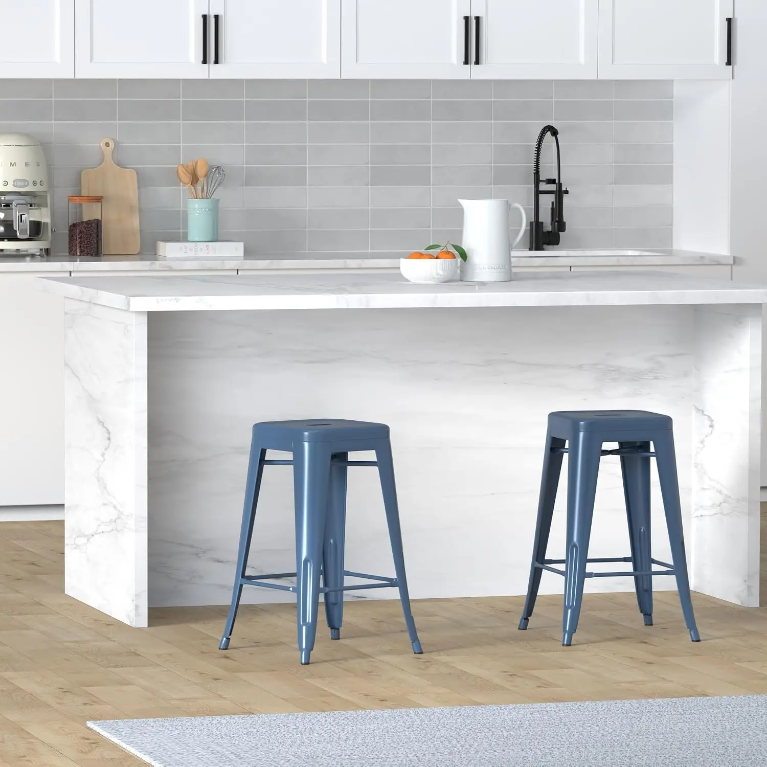 24 Inch Metal Bar Stools Set Of 4 Stackable Indoor Outdoor Deep Blue, Customized