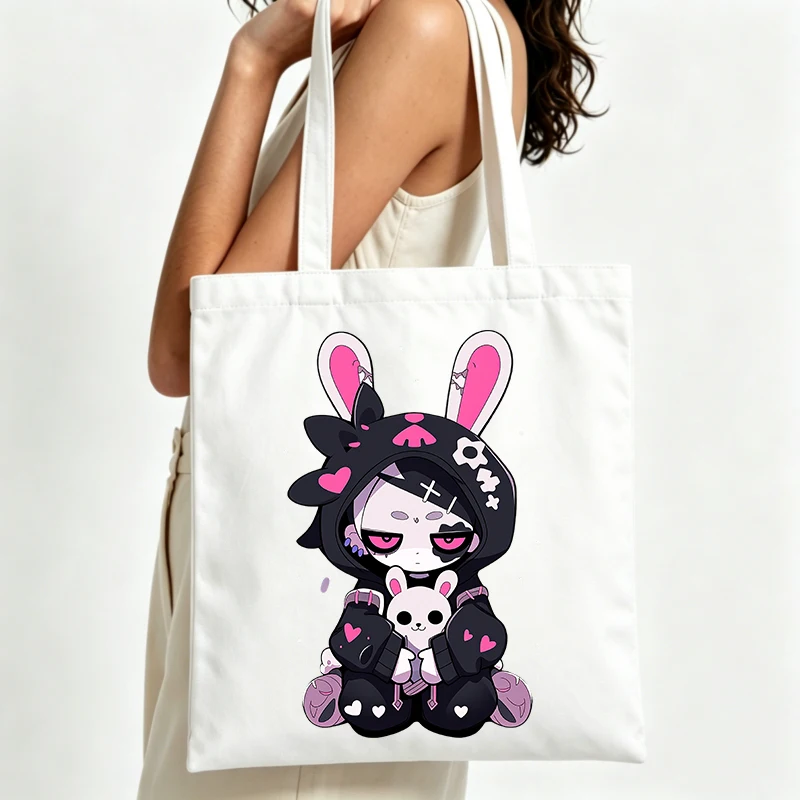 cute rabbit graphic canvas tote bag, streetwear style for daily shopping and casual outings
