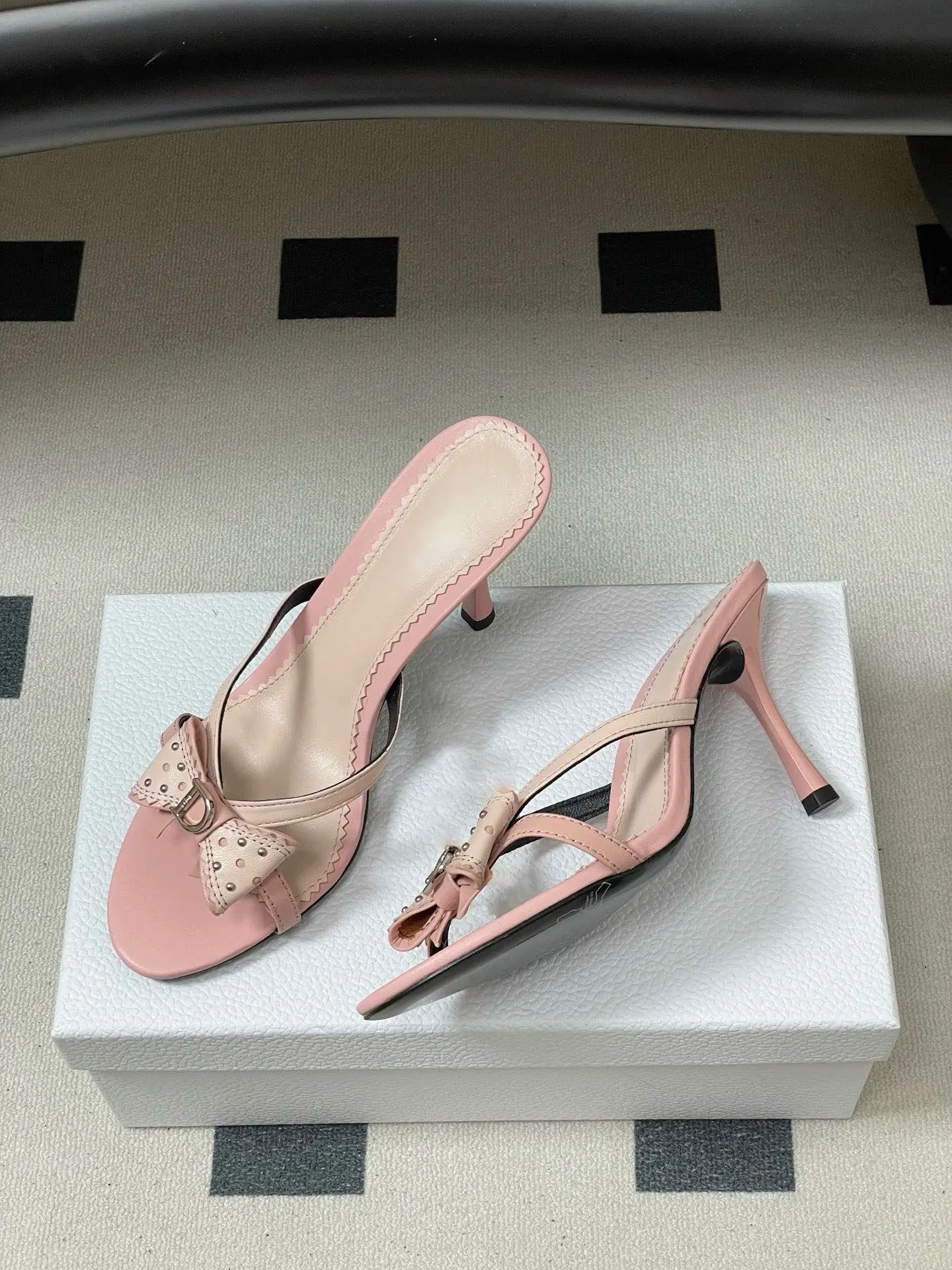 2026 New Sweet Pink Bow Rivet High Heels Women Elegant Thin Strap Stiletto Slippers Fashion Open Toe Slide Sandals Ladies Shoes