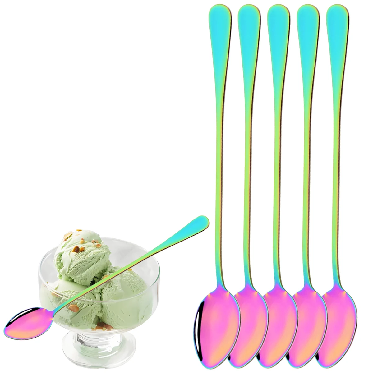 6pcs Dessert Spoon Set Stainless Steel Long Handled Silverware Set Stirring Coffee Spoon for Milk Tea Juice Milkshakes Ice Cream
