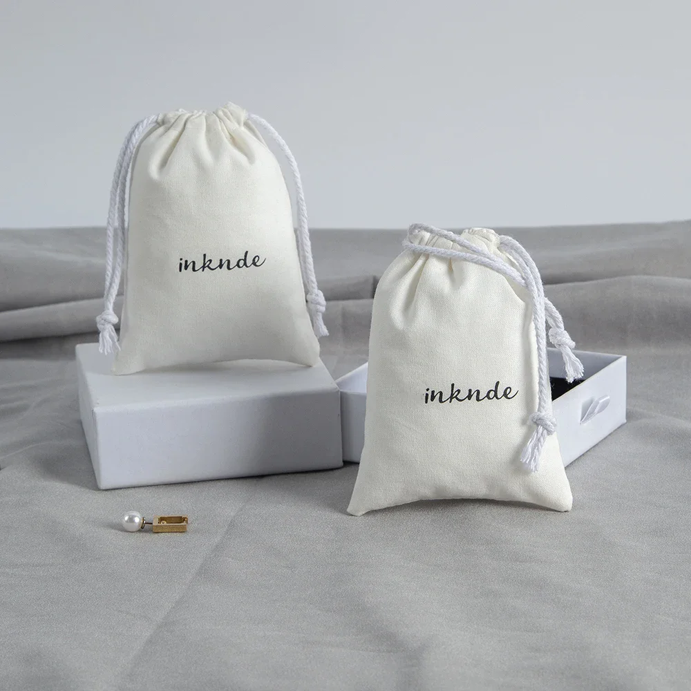 50pcs Little Muslin Bags 10x15cm Custom Double Drawstring Black Ribbon Cotton Jewelry Pouches Empty Sachet for Mini Gift Party