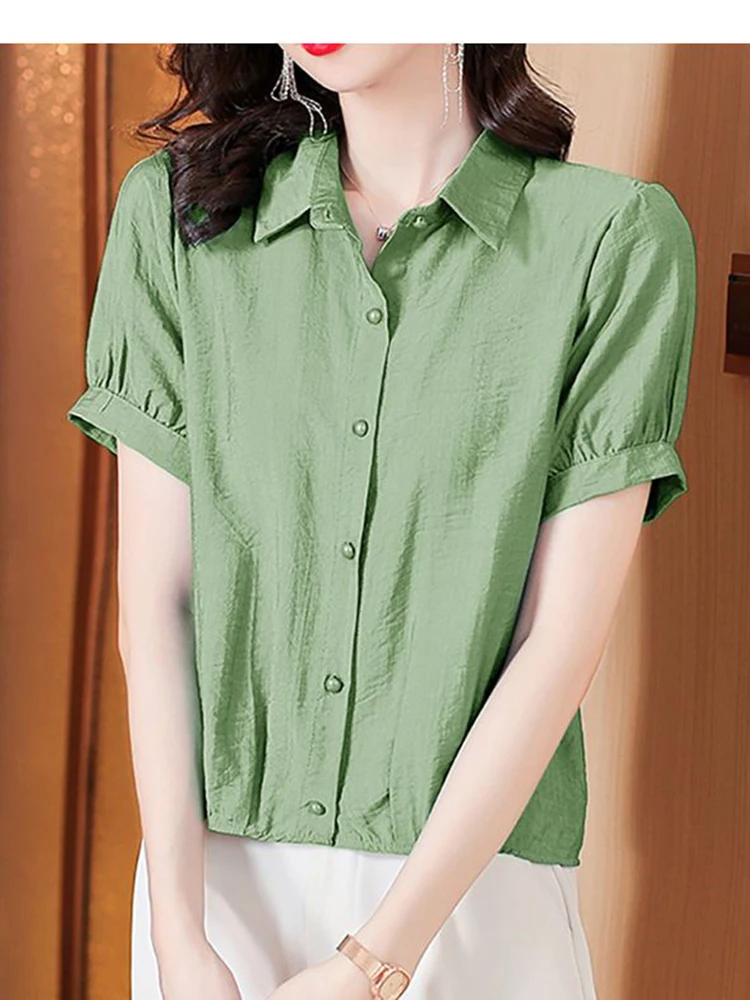 

Летняя тонкая шифоновая футболка из ледяного шелка, женская, свободного кроя, новая, с коротким рукавом, в корейском стиле, однотонная, с воротником, повседневная