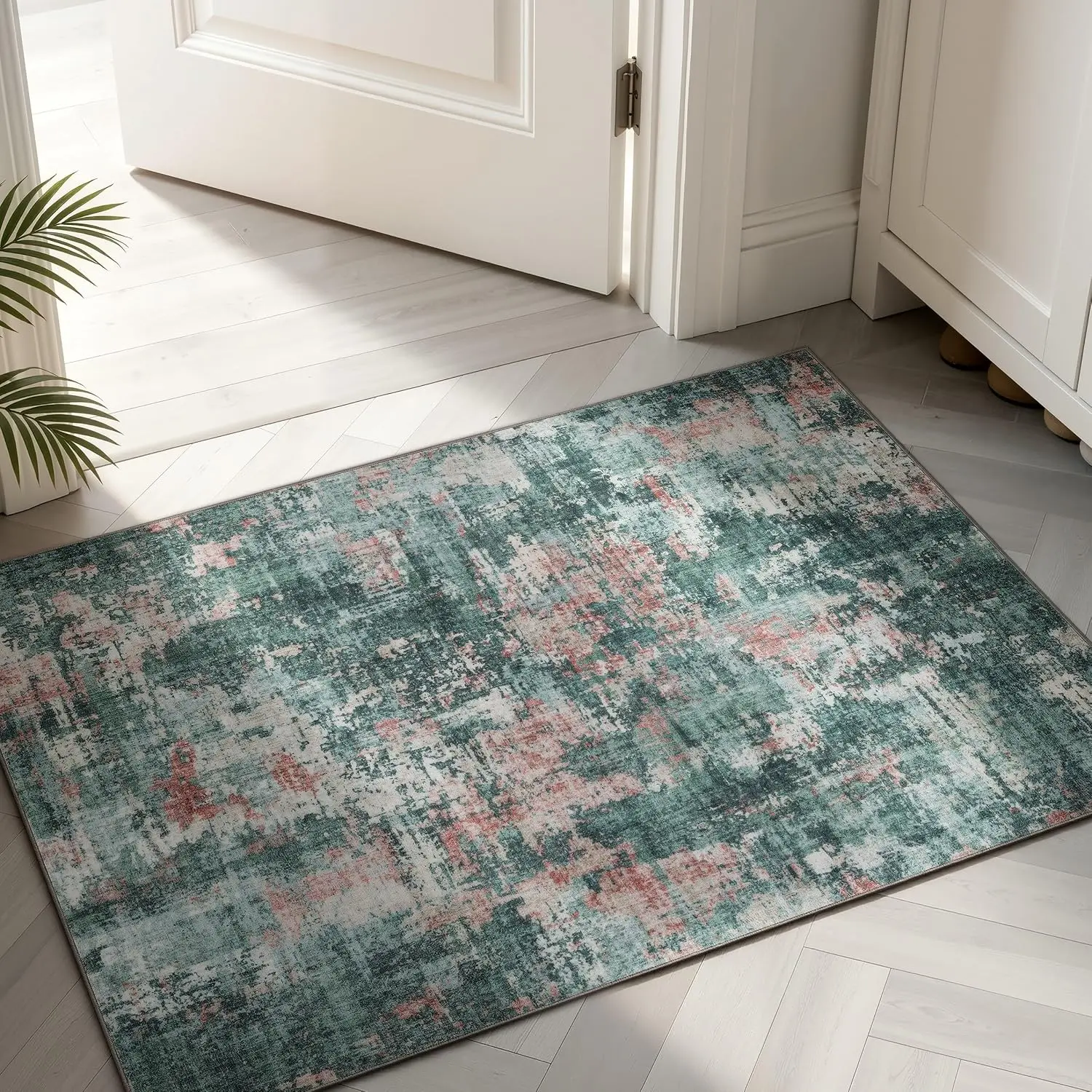 Artistic Pink Green Area Rug, Soft Fade Resistant Carpet for Living Room Bedroom Entryway, Chic Floor Decor