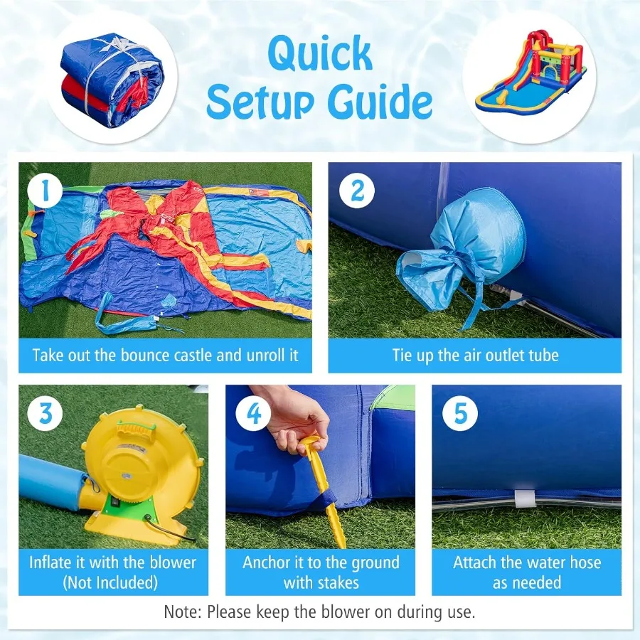 팽창식 워터 슬라이드, 9 in 1 워터슬라이드 바운스 하우스 워터파크 (스플래시 풀, 롱 슬라이드, 볼풀(볼 50개 포함))