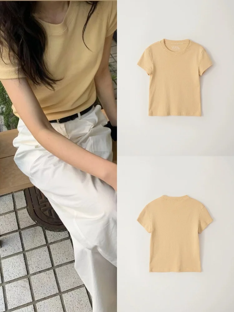 

Женская летняя футболка Slim Fit Basic с круглым вырезом, однотонная, простая, универсальная, с коротким рукавом, топ-футболка