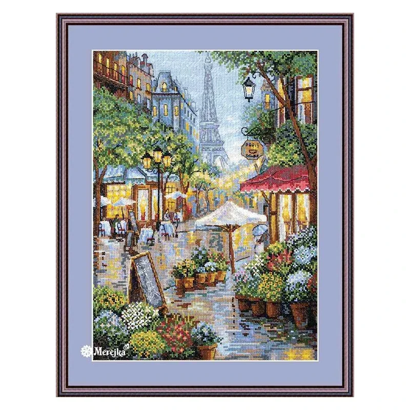 Amishop Top Quality Beautiful Counted Cross Stitch Kit Rainy Paris Flower Street Market Eiffel Tower Landscape Merejka K-162