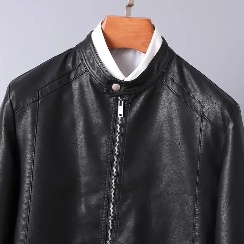 

Кожаная куртка с воротником-стойкой, весна-осень 2023, мужское высококачественное мотоциклетное пальто для отдыха, зимний тренд, утепленный флис