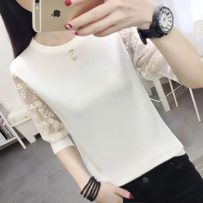 Elegant Solid Color Spliced Gauze Lace Beading Blouse Women's Clothing 2023 Spring New Oversized Korean Pullovers Commute Shirt