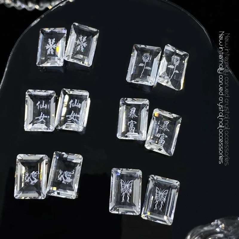 5Pcs carved snowflake crystal nail stones, butterfly dragon flower rectangular large rhinestones for elegant nail art decoration
