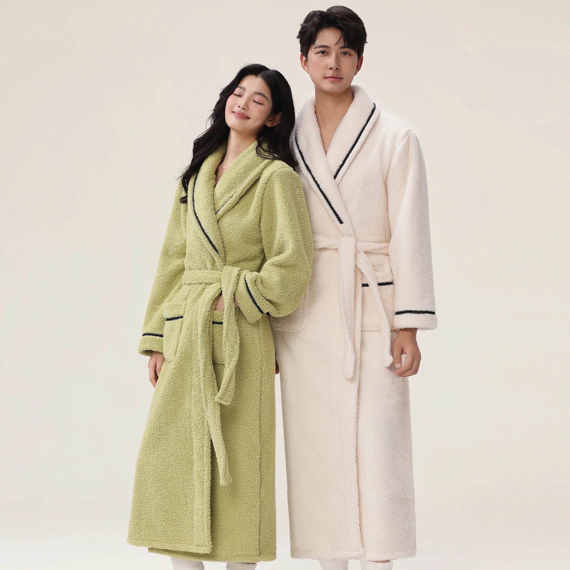 

Winter Thick Couple Robe Coral Fleece Sleepwear Plush Warm Flannel Kimono Bathrobe Gown with Pocket Men Homewear Lounge Wear