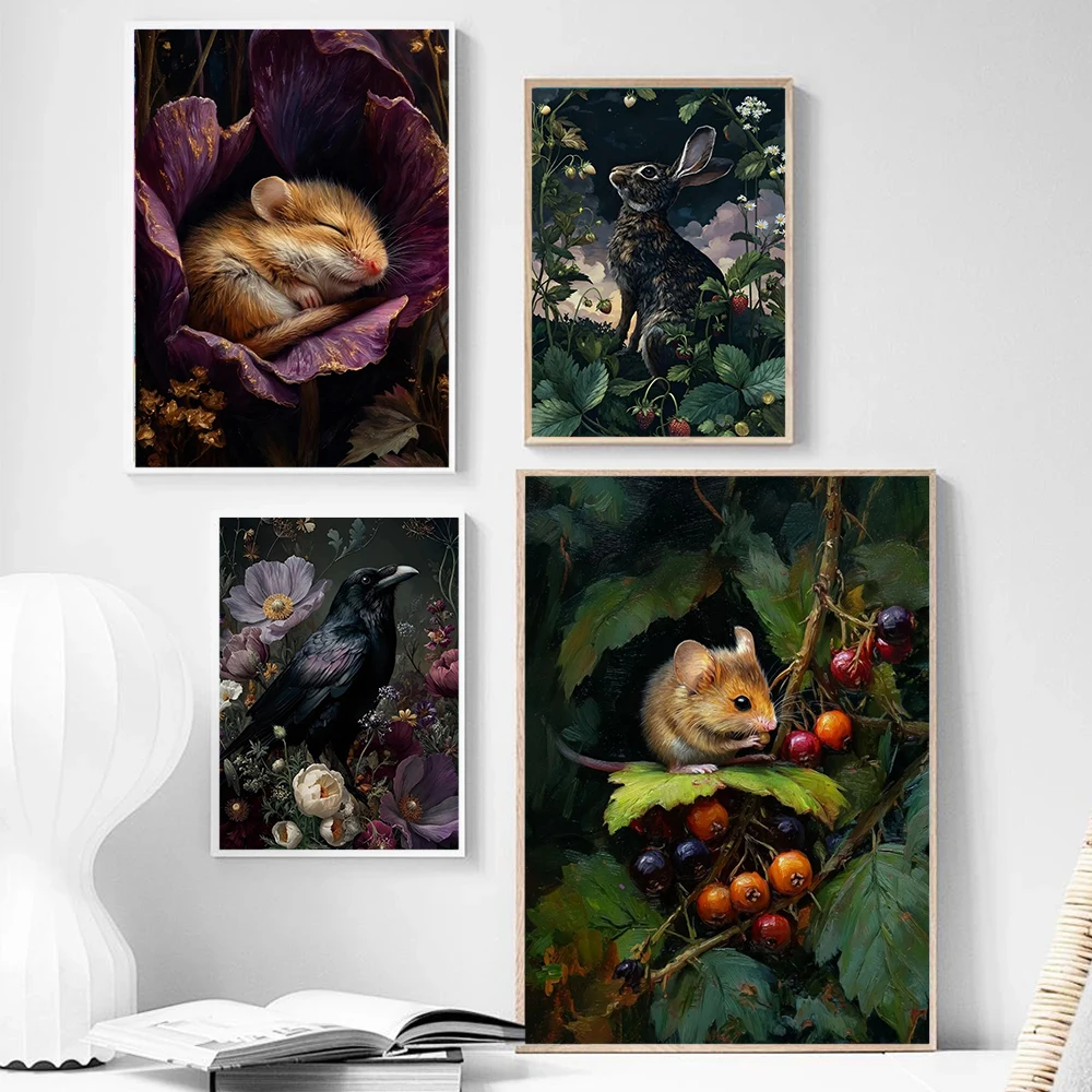 Dark Forest Flowers and Wildlife Art Poster Canvas Painting Oil Painting Printmaking Hotel Homestay Cabin Home Wall Decoration