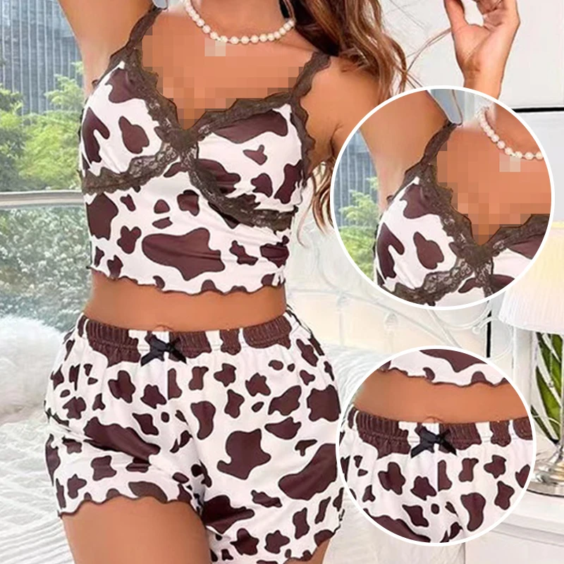 New Women\'s Printed Sleeveless V-Neck Camouflage Contrasting Lace Spaghetti Strap Top with Shorts Pajama Set