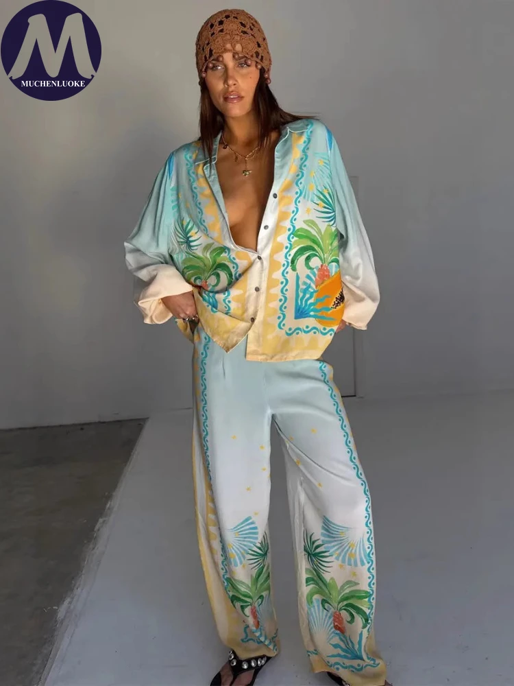 

Женский комплект из 2 предметов, летние новые элегантные рубашки с длинными рукавами и принтом, топы, костюмы, модные повседневные свободные комплекты с широкими брюками