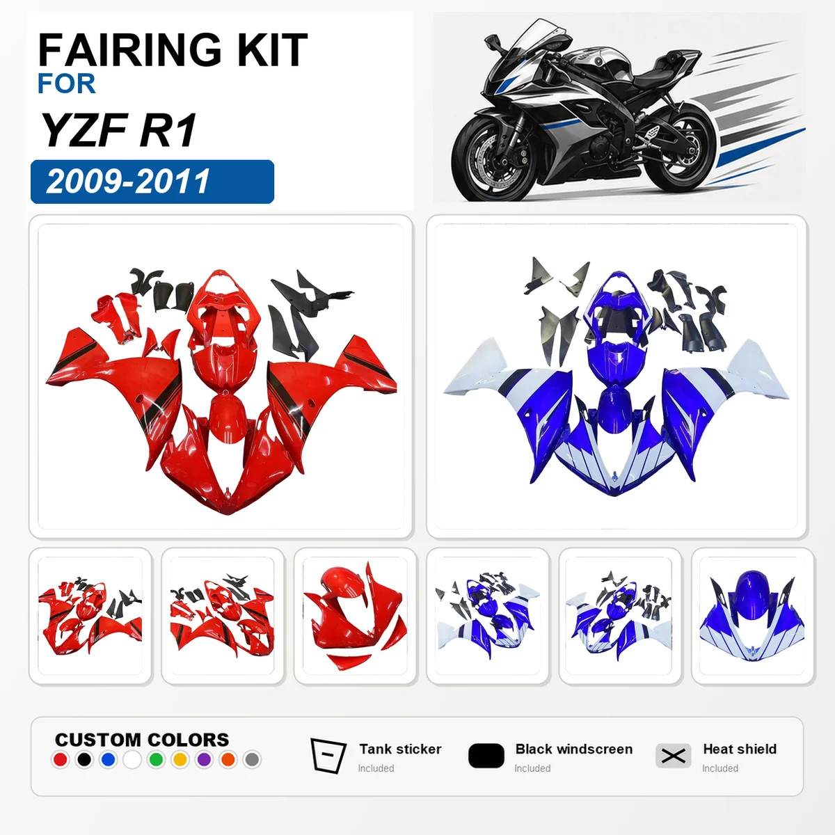 For YZF R1 2009 2010 2011 Motorbike Fairing Kit ABS Plastic Custom Painted Fairings Bodywork Cowl Panels White Red Blue