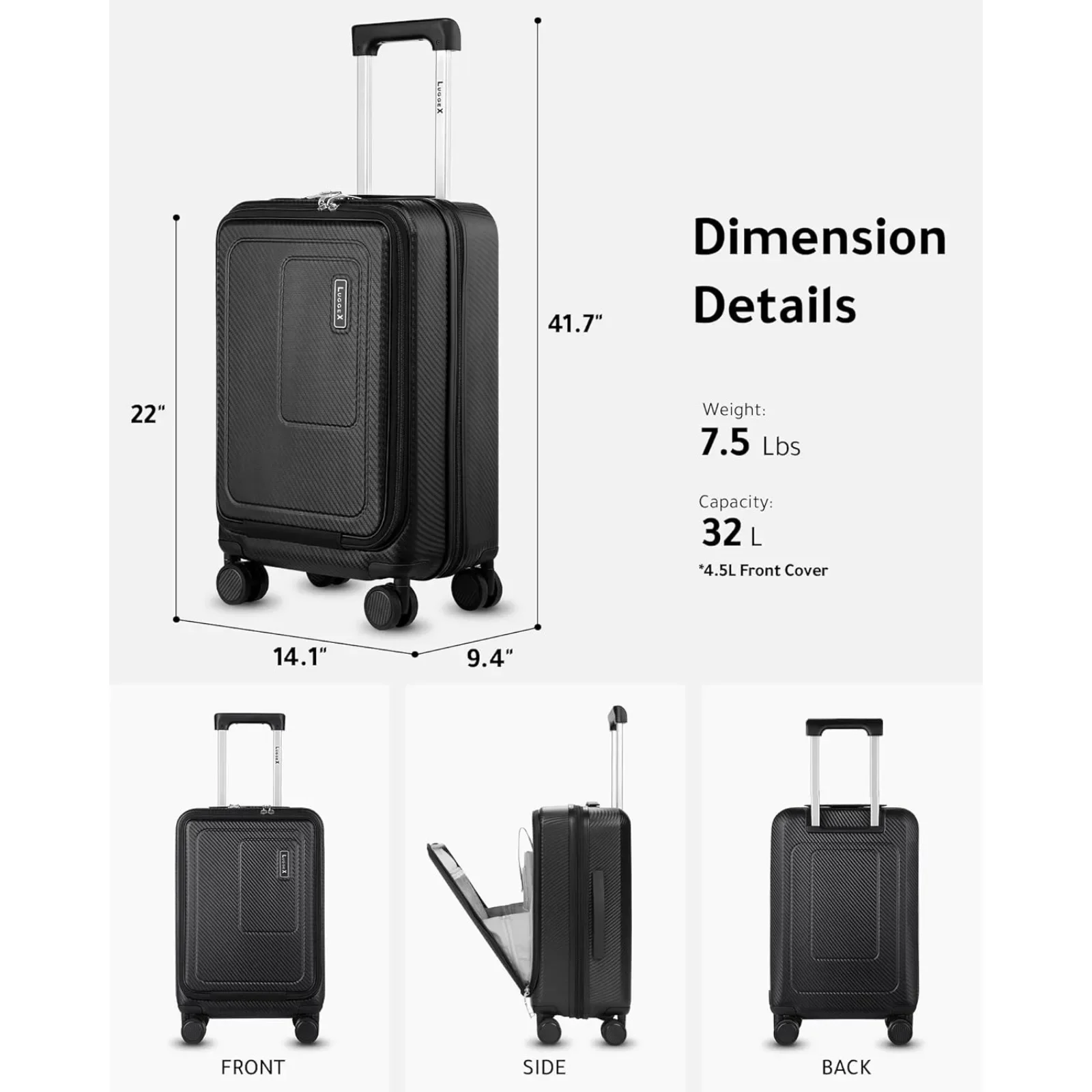 LUGGEX Carry On Luggage with Front Pocket, Polycarbonate Hard Suitcases with Wheels, Carbon Fiber Style (Black, 20 Inch, 32L)