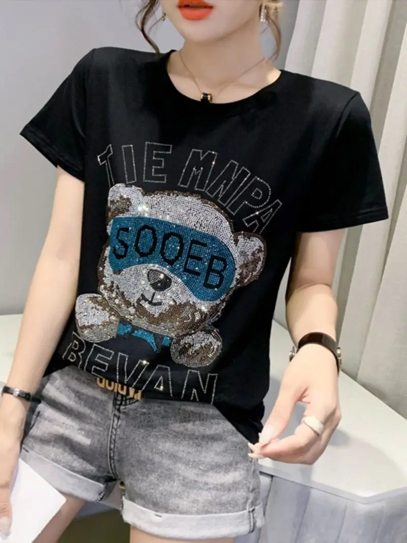 Korea East Gate Fashion Heavy Industry Hot Drilling Bear Top Cotton T Shirt Women Y2k Clothing Summer New Short Sleeve Slim Tees