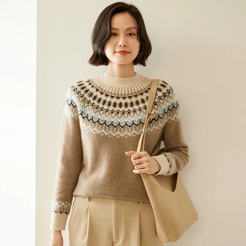 Women 100% Cashmere Thick Sweater Mock Neck Pullovers Autumn Winter Cashmere Knitwear Vintage Faire Isle Jacquard Sweater Tops