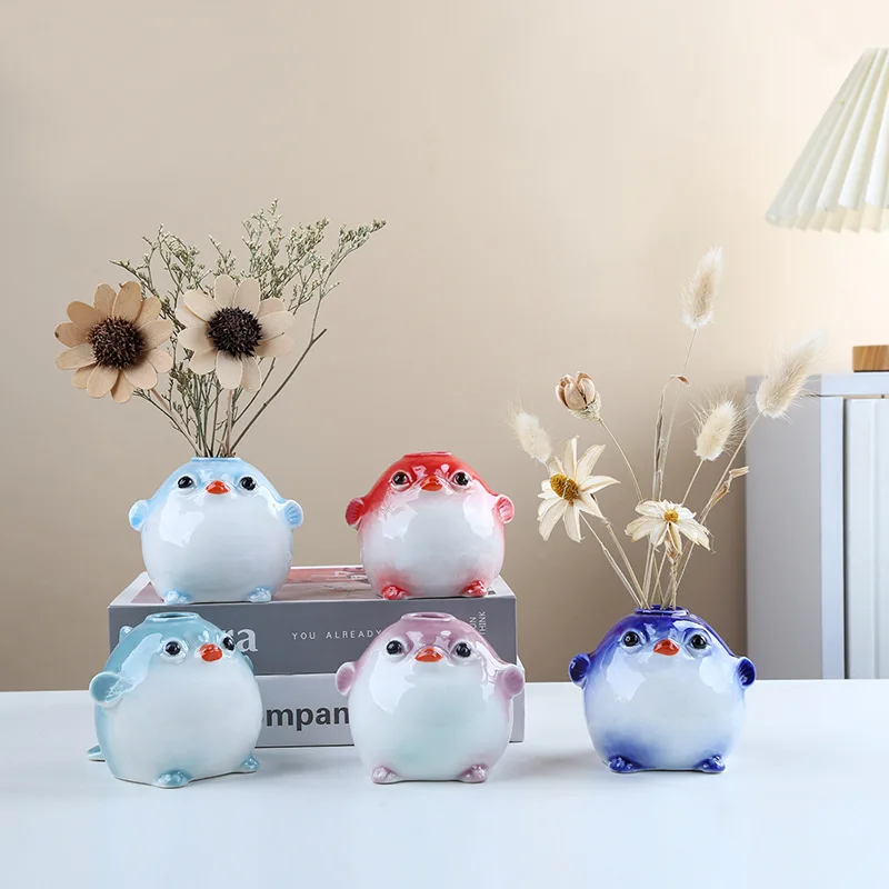Nordic Cute Pufferfish Ceramic Small Vase Ornaments Living Room Dining Table Office Desktop Floral Arrangement Vase Home Decor