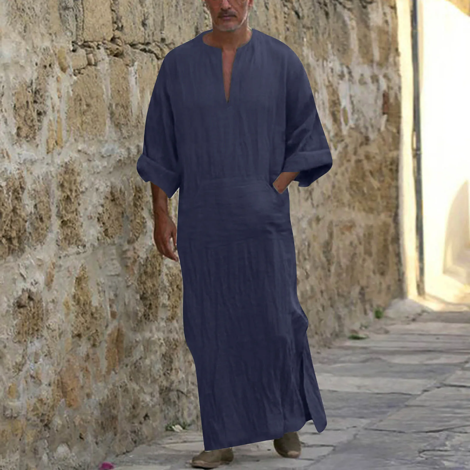 

Men's V-neck Linen Robe Summer Causal Loose Long Sleeve Solid Color Long Gown Multy Color Fashion Comfortable Kaftan With Pocket