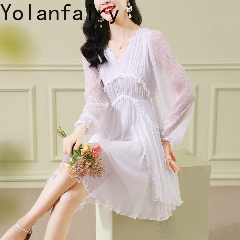 YOLANFAIRY 100% فستان حريري التوت الحقيقي للمرأة خريف 2025 فستان أنيق بكم طويل فساتين نسائية موضة فستان أسود