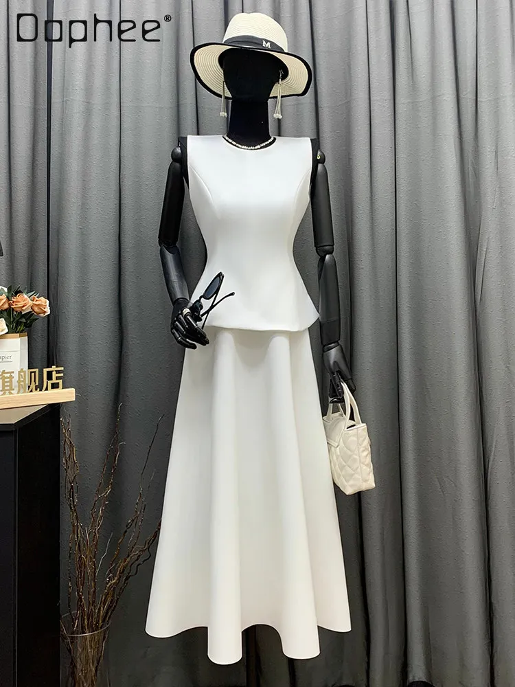 

White 2 Piece Outfit Women Sleeveless Peplum Top High Waist Skirt Elegant Formal Office Suit for Ladies Casual Party Dress Set