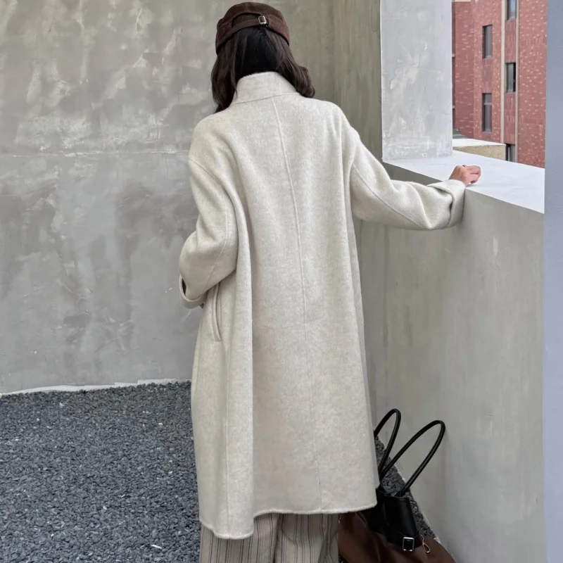 Ladies' 100% wool coat, high-end slimming stand up collar, double breasted loose long woolen coat, autumn and winter bestseller
