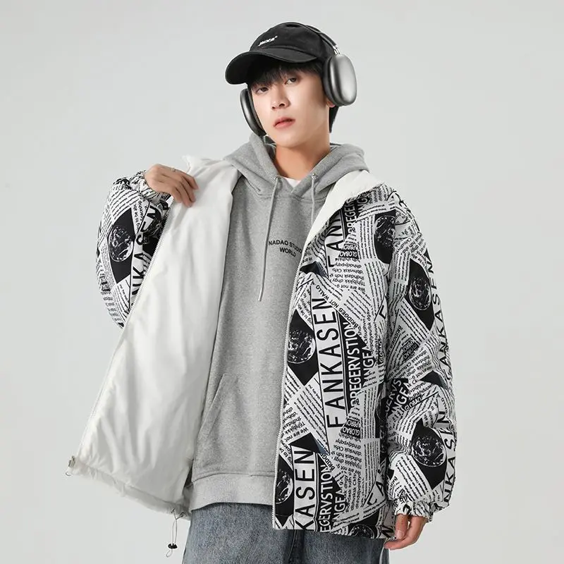 

Men's Casual Double-Sided Wear Printed Stand Collar Jaet Autumn Winter New Sle Retro Korean Version Cotton Polyester Blend
