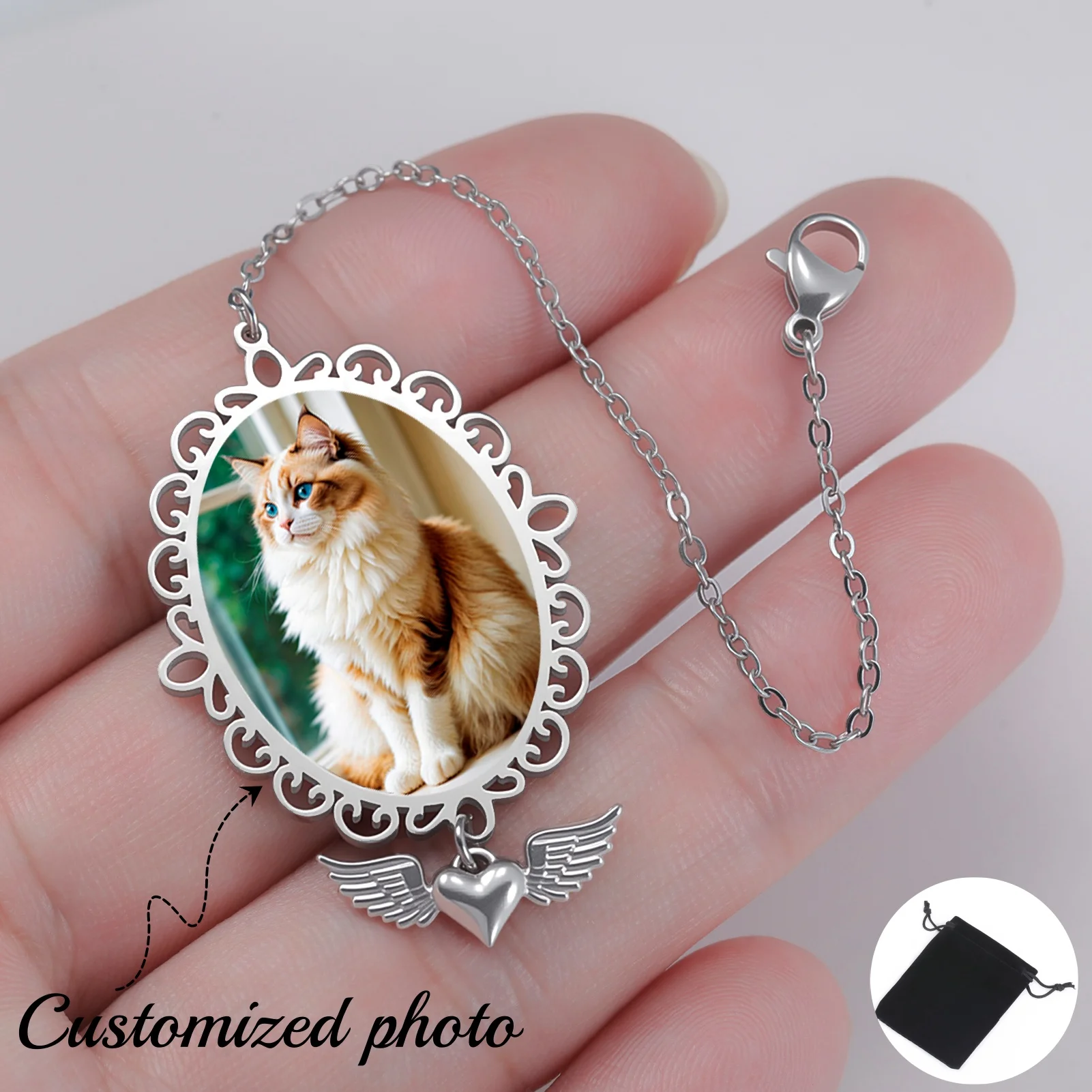 Customized photo love wings oval hanging needle stainless steel fashionable couple pendant jewelry gift