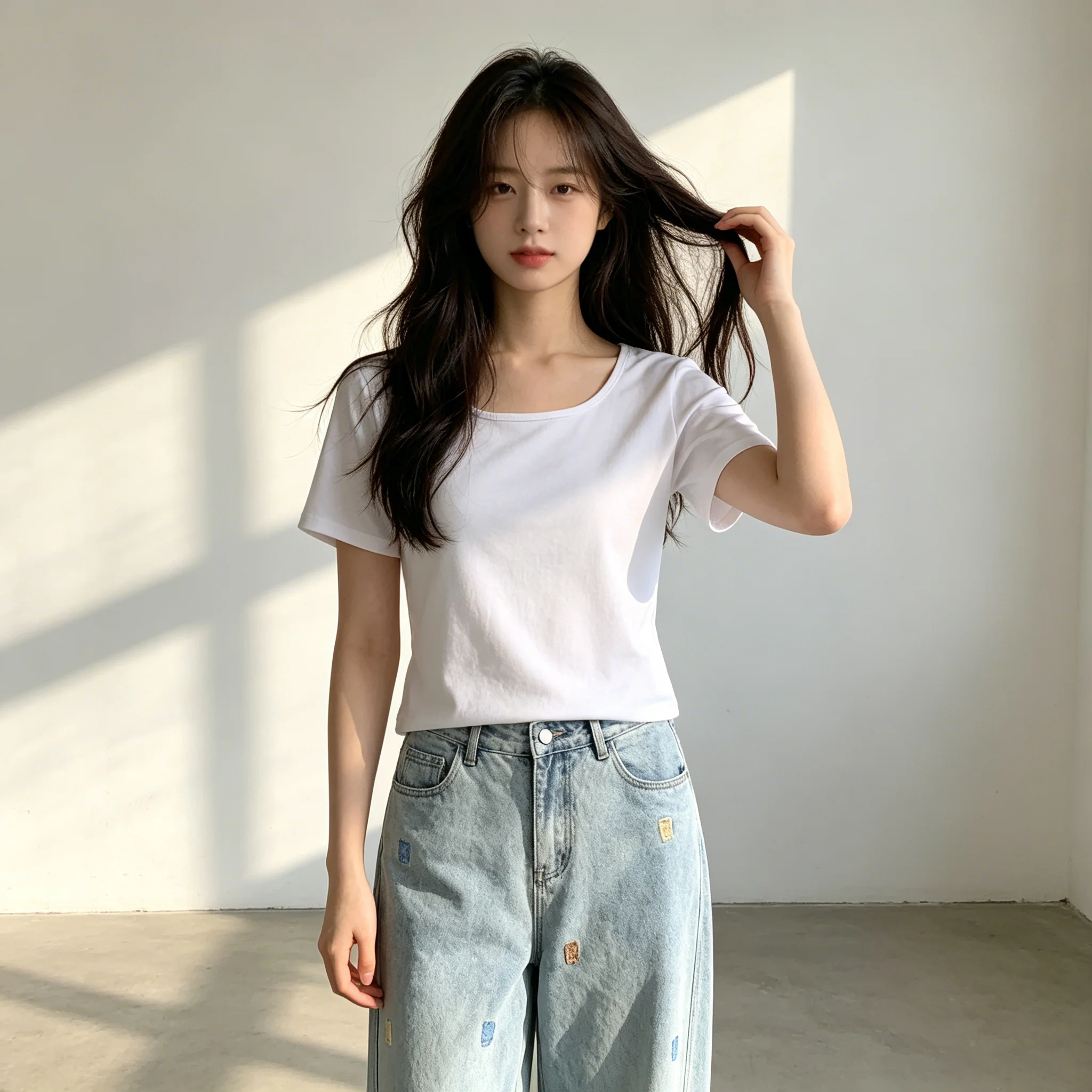 Loose Fit Cotton Half Sleeve T-Shirt Women Summer Low Neck Pure Color U-Neck Short Sleeve Top Korean Style High Waist Artistic