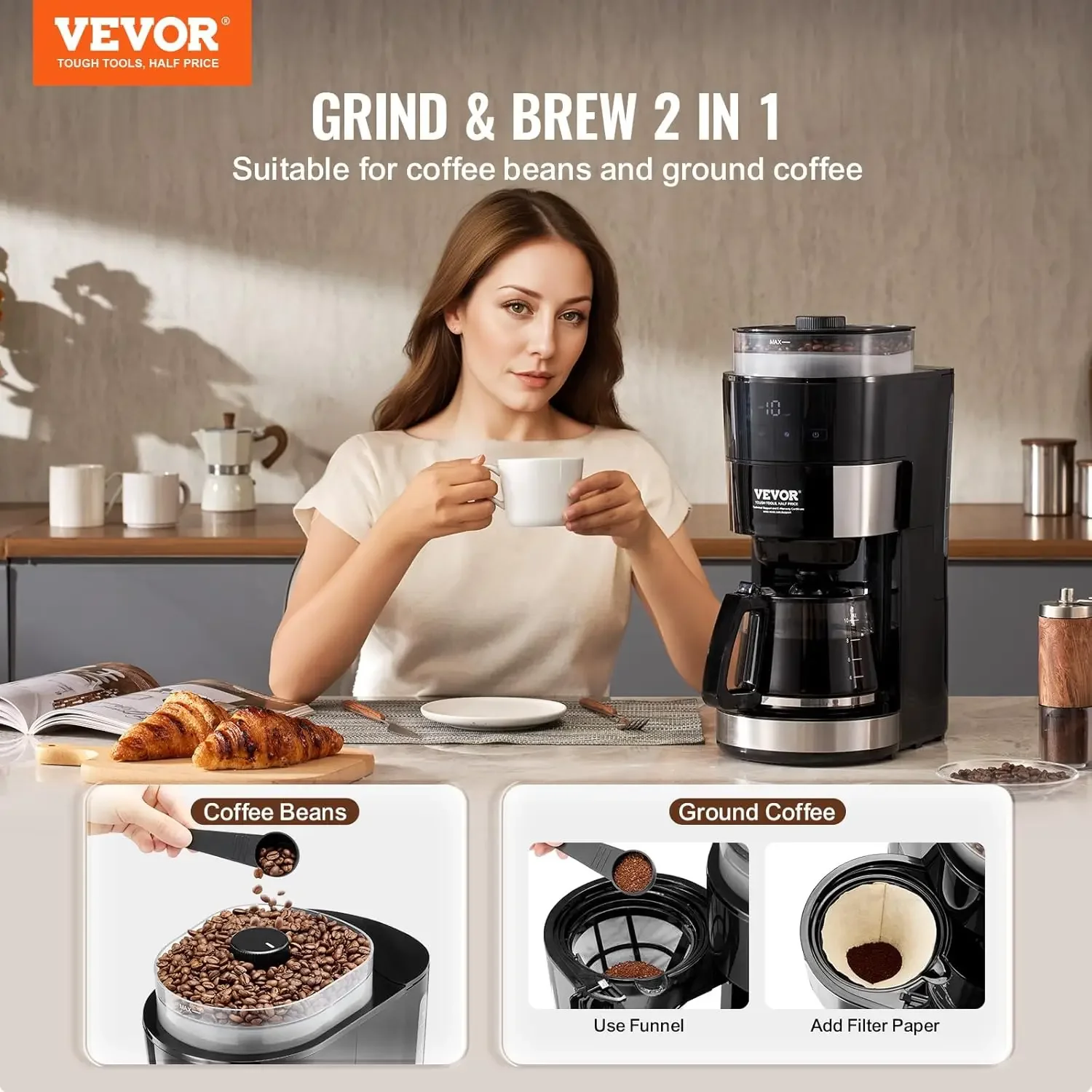 Coffee Maker with Grinder, 10 Cup Coffee Machine, Grind and Brew Coffee Maker with 3 Brew Strength Control