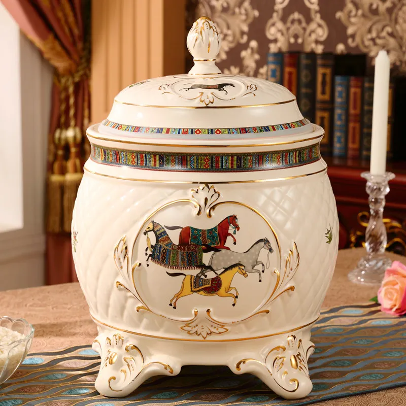 European ceramic rice tank rice bucket 10kg 10kg household kitchen storage box sealed rice noodle storage tank with lid