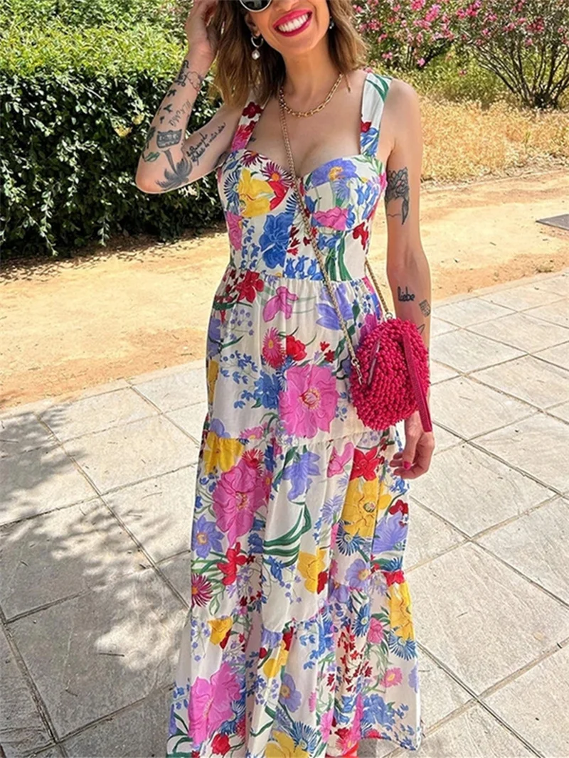 TRAF Floral Slip Long Dress Women Print Sleeveless Summer Dress Woman 2024 Ruched Backless Party Dresses Beach Holiday Dresses