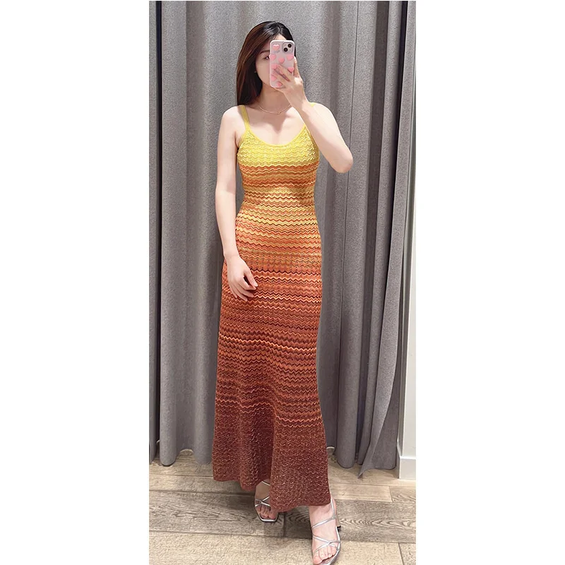 

Летнее модное вязаное облегающее платье макси, женское длинное платье радужного цвета на тонких бретельках, женская уличная одежда, Vestidos