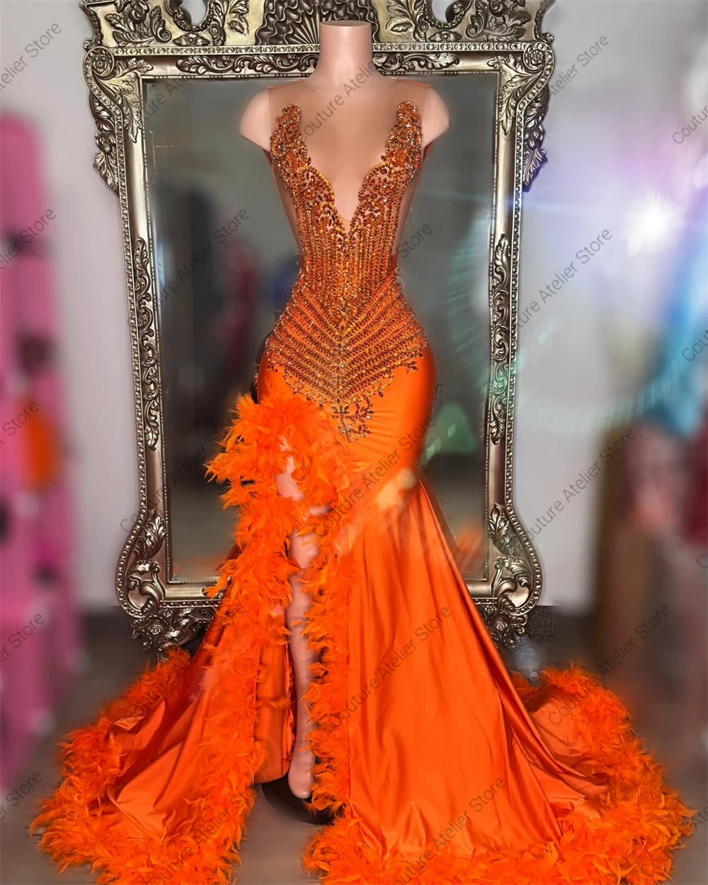 Orange Feathers Split Rhinestones Prom Dress For Black Girls Party Dress Women Elegant Luxury Spandex Gala Dresses Customized