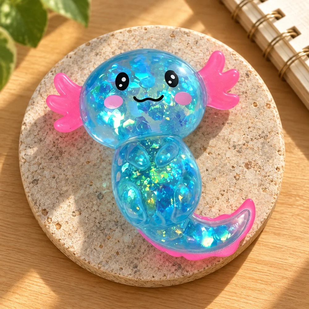 Axolotl Squishy Toy Blue Clear TPR with Shiny Flakes Pink Gills and Curved Tail Squeeze Fidget Desk Gift for Teens and Adults