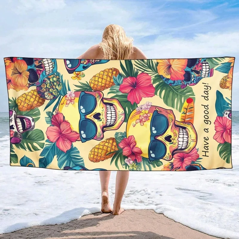 Tropical Floral Pineapple Skull Quick Dry Microfiber Beach Towel Large Lightweight Summer Swimming Towel