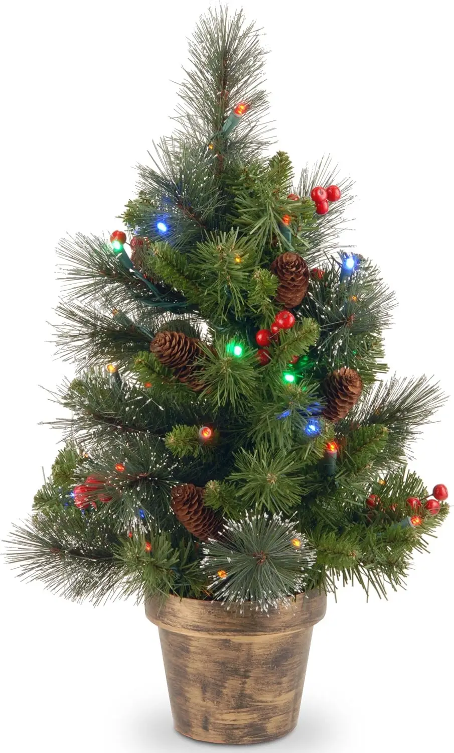Pre-Lit Artificial Mini Christmas Tree, Green, Crestwood Spruce, Multicolor Lights, Decorated with Pine Cones, Berry Clusters, F