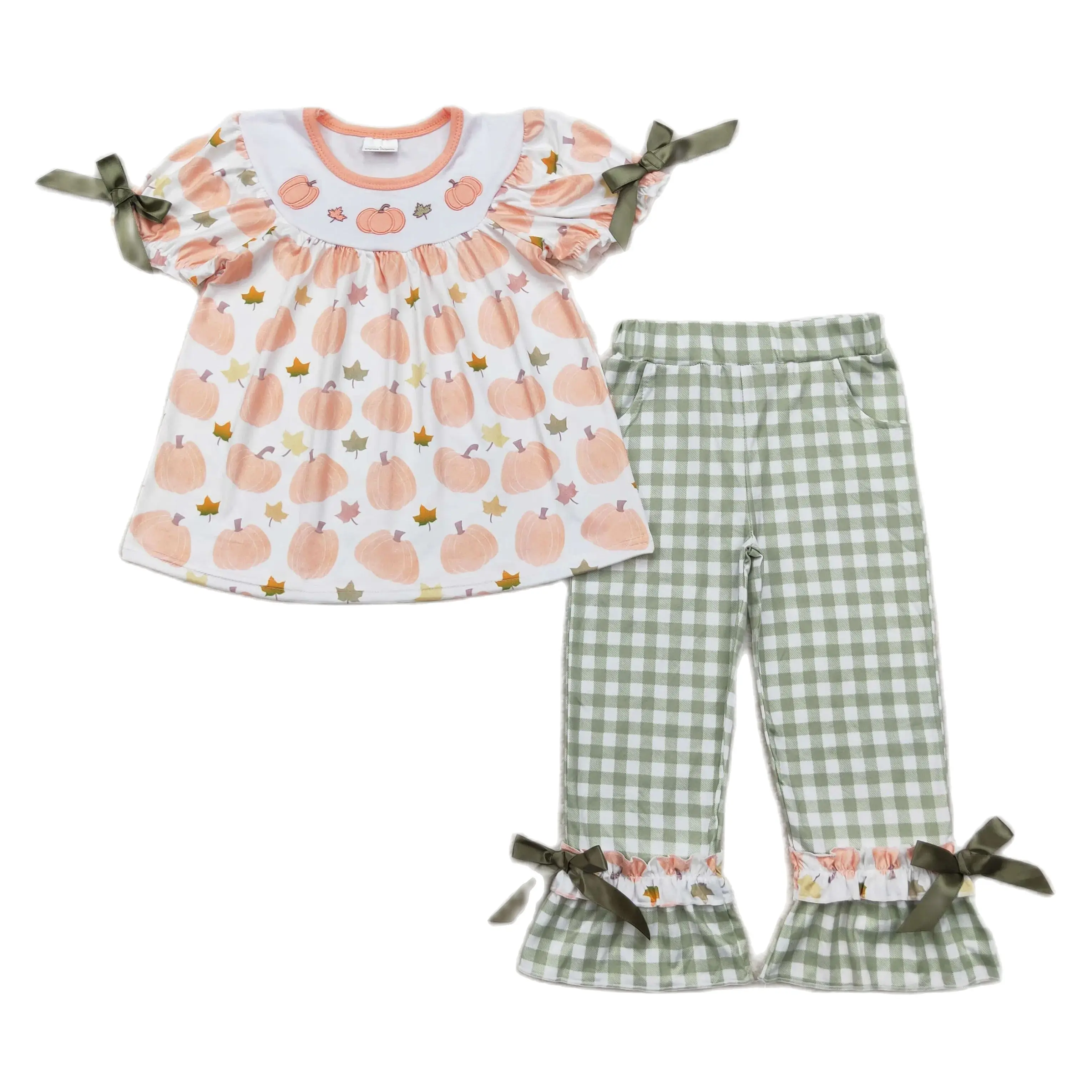 

Wholesale Baby Girl Short Sleeves Embroidery Pumpkin Tops Kids Set Toddler Children Green Plaid Pants Thanksgiving Outfit