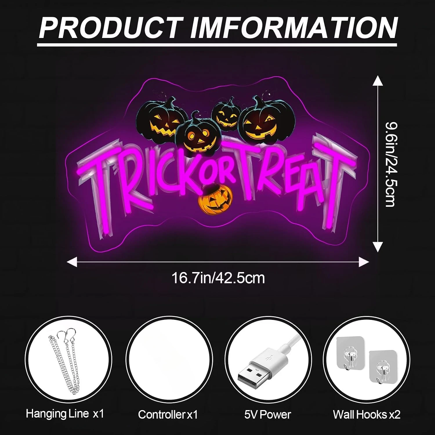 Trick Or Treat Neon Sign LED Jack O Lantern Pumpkin Neon Light USB Wall Lamp for Halloween Party Home Bedroom Window Decor Gift