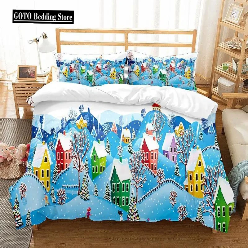 

Christmas Snowflake Full Size Bedding Set Print Colorful Merry Christmas Gift Tree Microfiber Fabric 2/3Pcs Duvet Cover Set Kids